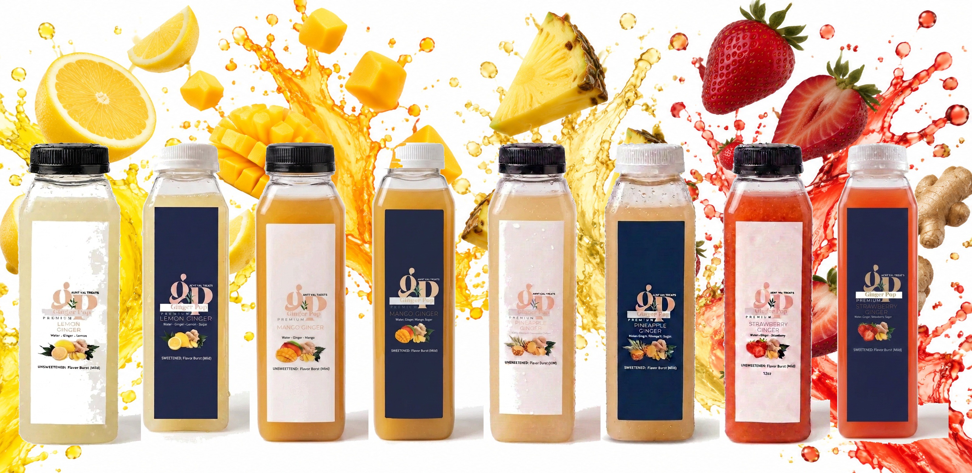All eight GingerPop flavors in 12oz bottles with juice bursting from the tops